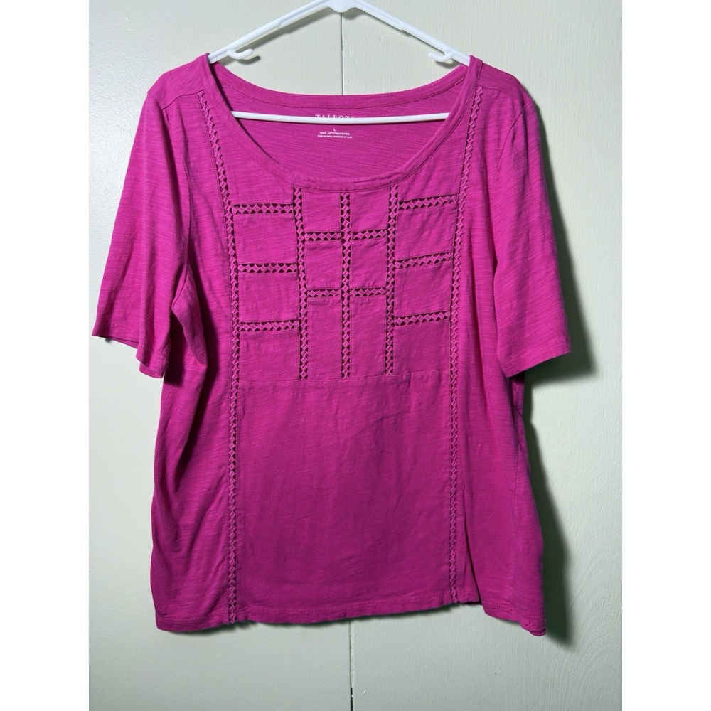Talbots Top Large Pink Short Sleeve Crochet Eyelet Trim Slub Cotton Casual Tee